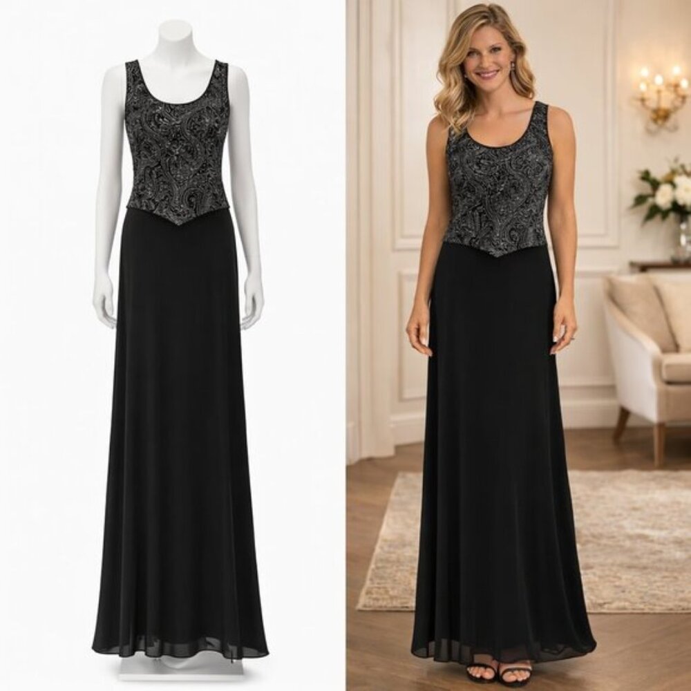 Patra Petite 12 Black 2-Piece Evening Gown Set Metallic Paisley Jacket